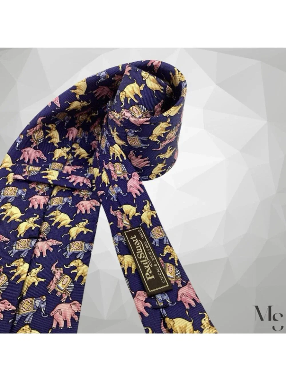 PAUL STUART Blue Elephants Print Luxury Silk Necktie H.M In USA 58